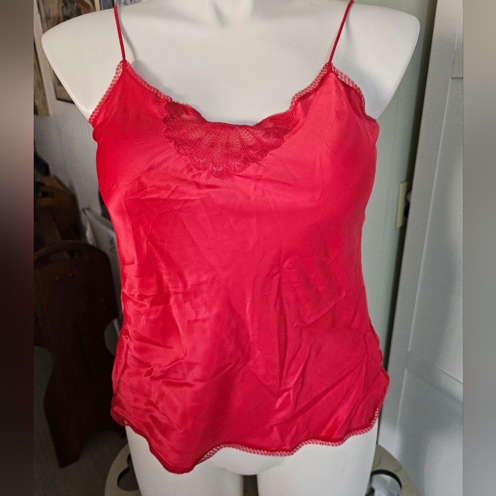 VTG Fernando Sanchez Red Lace Silk Blend Satin Cami Lingerie Sz Lg 10-12 USA